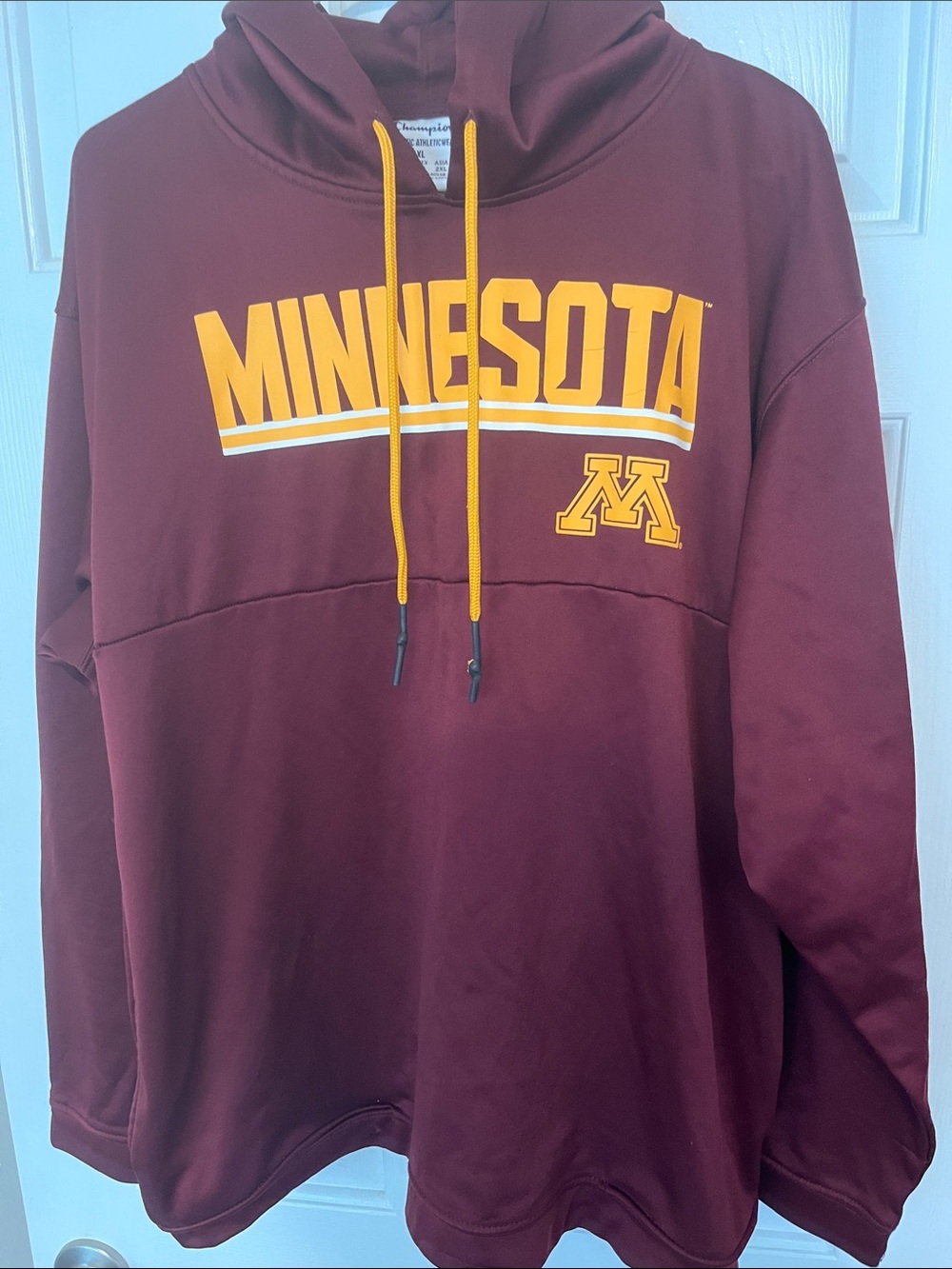 Champion Maroon Crewneck Sweatshirt with Gold Minnesota Logo and Drawcords